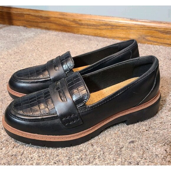 Clarks Westlynn Ayla Womens Penny Loafer Sz 7 Black Croc Leather Slip-On Shoes - Picture 2 of 10